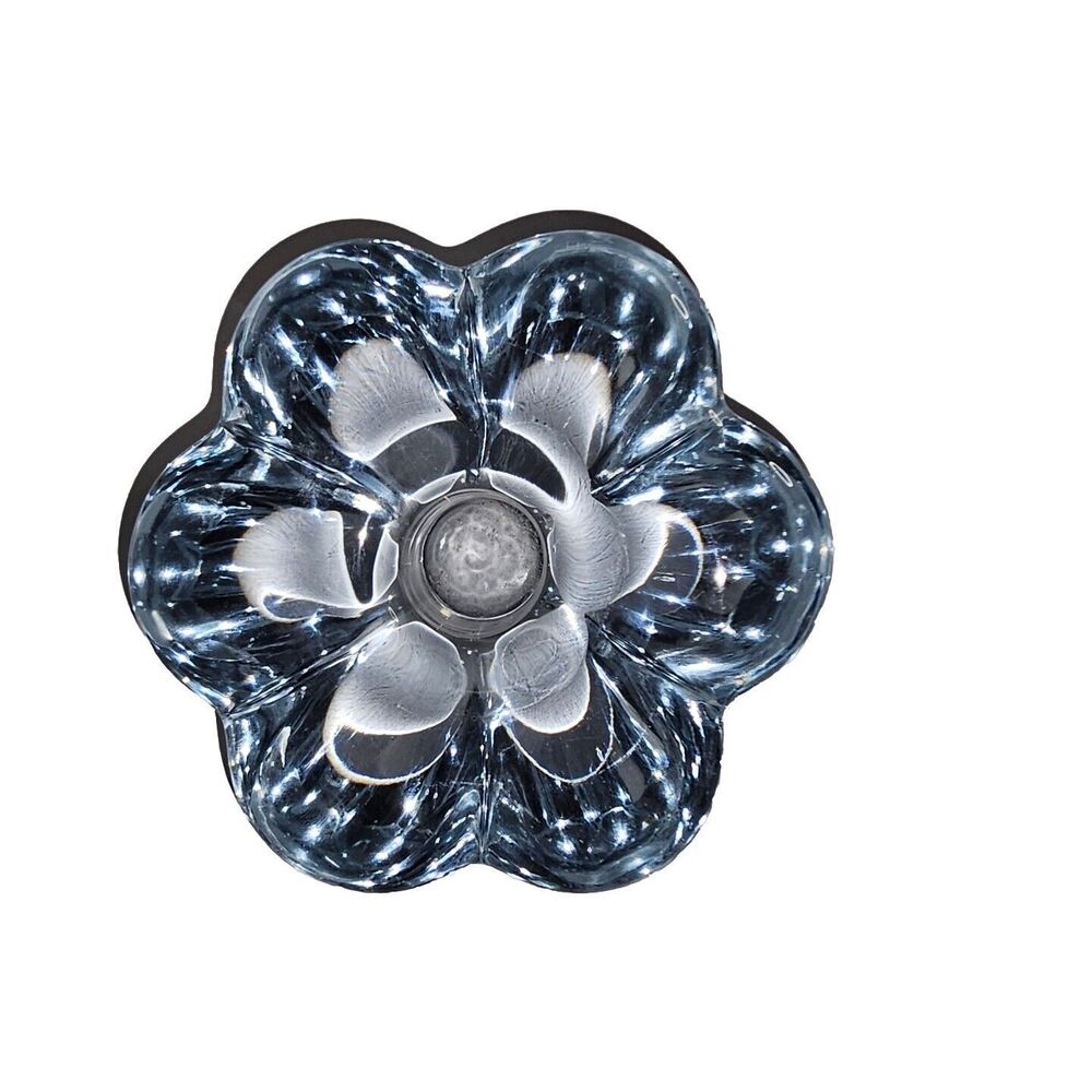 Orrefors Stella Blue Glass Flower Candle Holder Signed Vintage